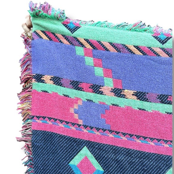Vintage 80s/90s Kilim Pastel Aztec Blanket Full Throw Fringed Border Boho - Picture 3 of 7